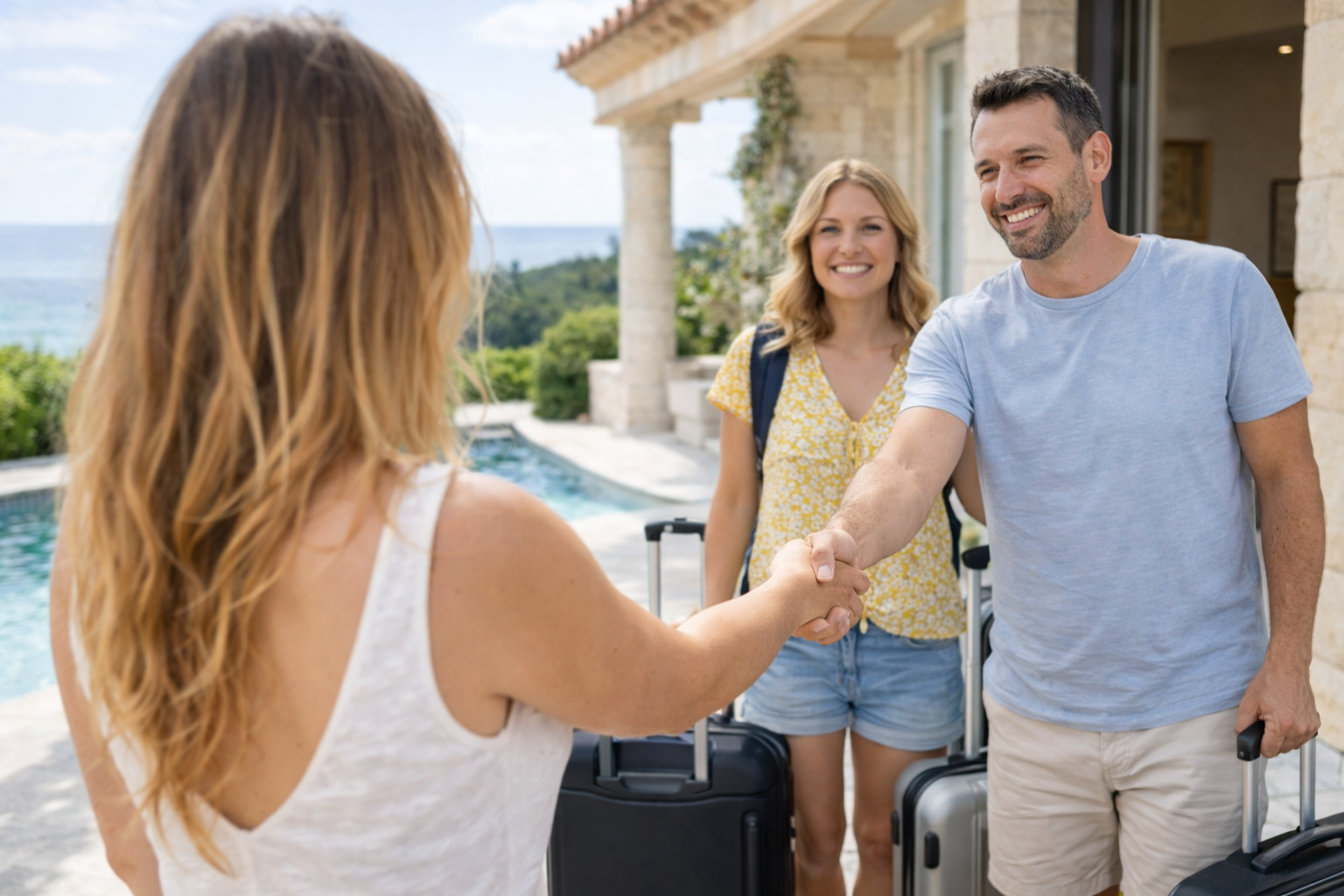 Accueil personnalisé de voyageurs dans une villa avec piscine au Barcarès — check-in géré par VELA Conciergerie