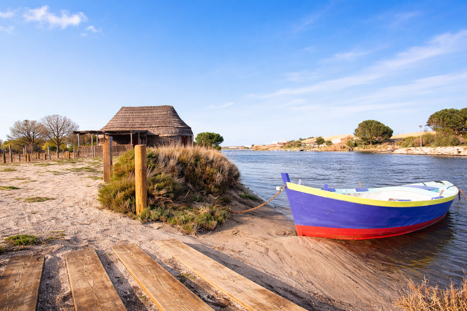 Barque colorée sur l'étang du Barcarès 66420 — cadre authentique près des locations saisonnières VELA