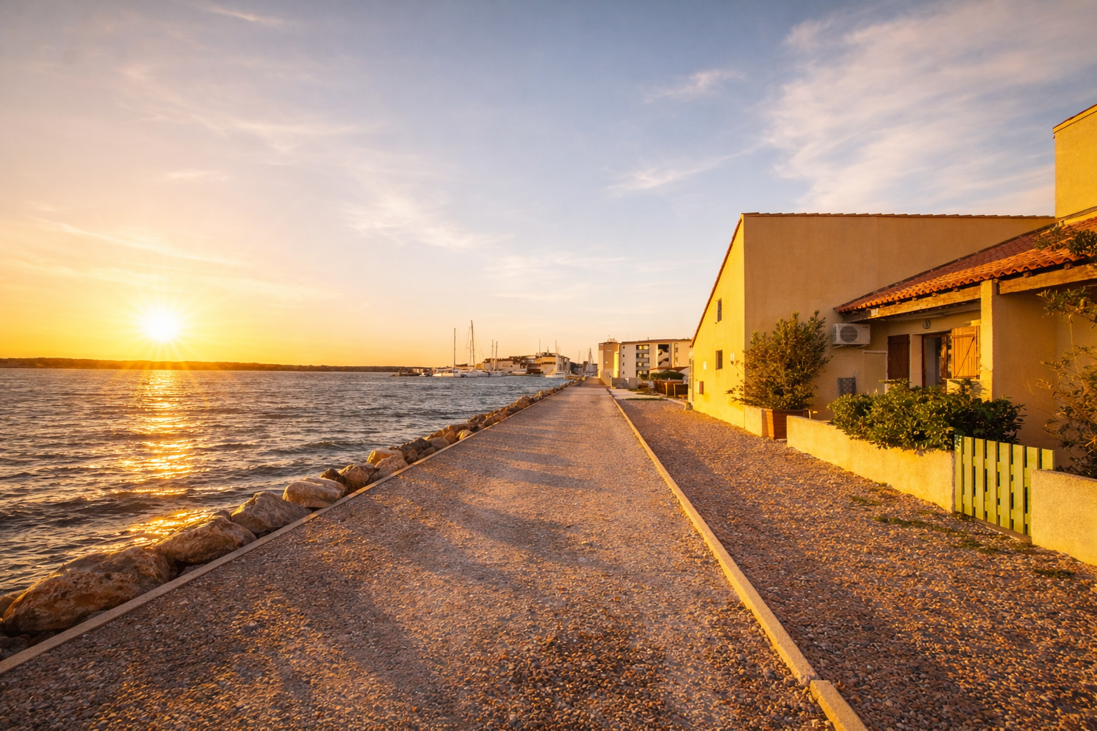 Bord de l'étang au coucher du soleil au Barcarès 66420 — gestion locative et location saisonnière VELA