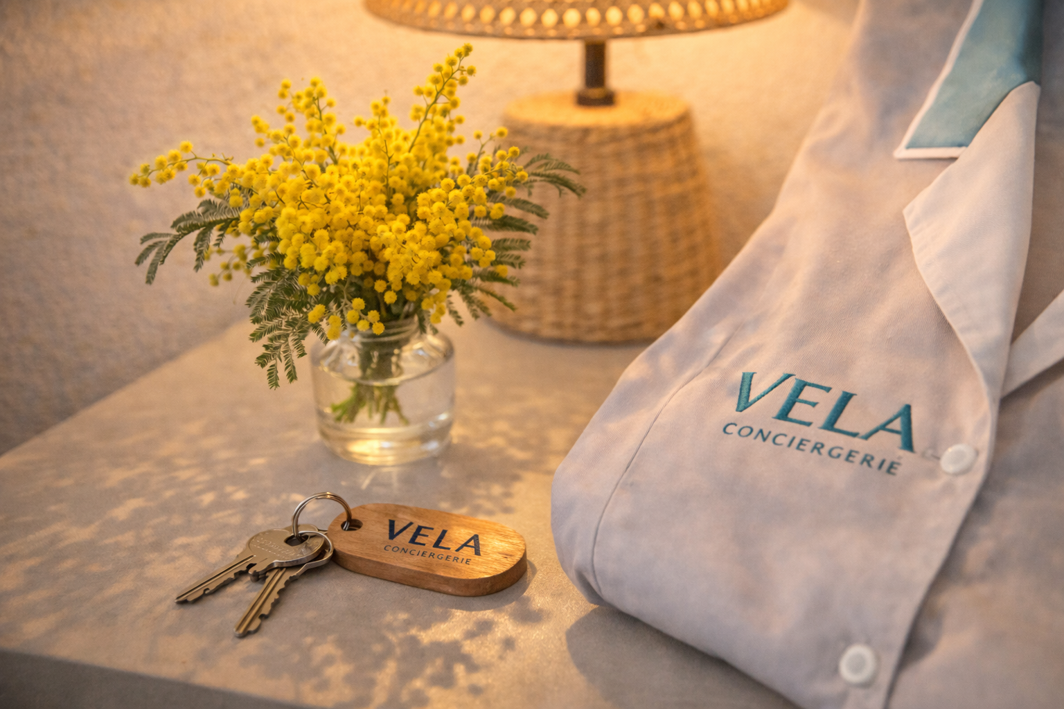 Clés et blouse VELA Conciergerie au Barcarès — équipe locale de gestion locative saisonnière 66420