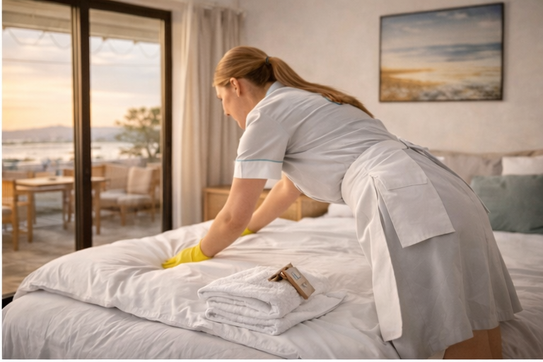 Préparation d'une chambre avec vue mer dans un bien en location saisonnière au Barcarès — service VELA Conciergerie