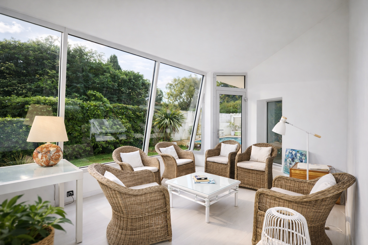 Salon en rotin d'une villa avec baie vitrée sur jardin et piscine au Barcarès — gestion locative VELA