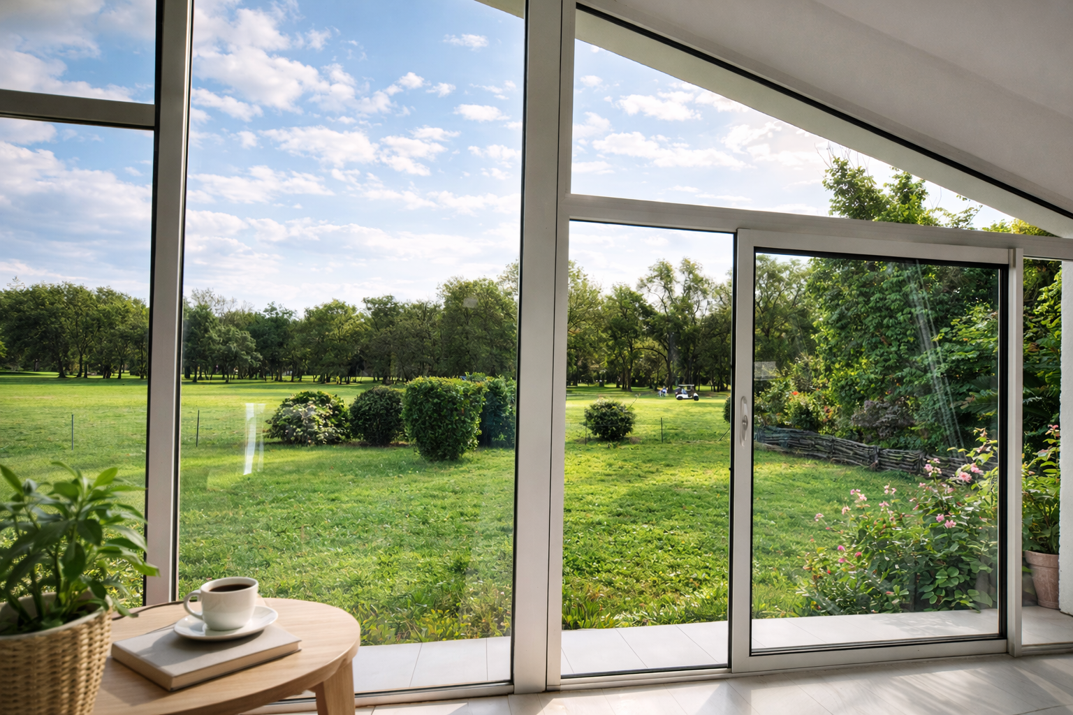 Véranda lumineuse d'une villa avec vue sur jardin au Barcarès — location longue durée gérée par VELA Conciergerie