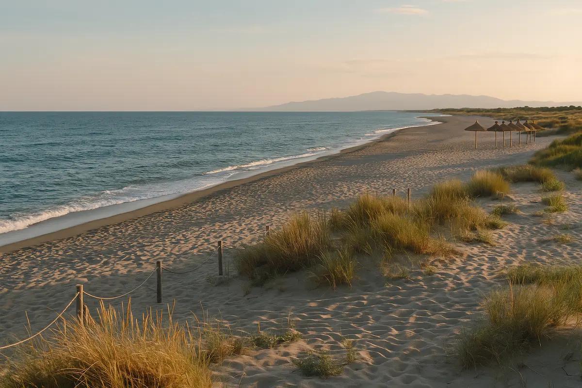 Plage et dunes du Barcarès au coucher du soleil, mer Méditerranée et montagnes en arrière-plan