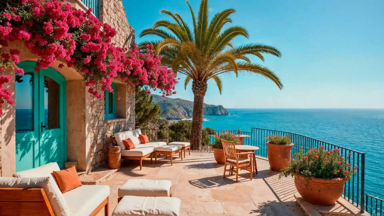 Terrasse fleurie avec vue mer et palmier